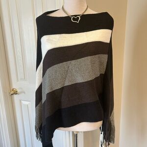 White Mark Off-the-Shoulder Striped Fringe Sweater - Black, White, Gray, Brown